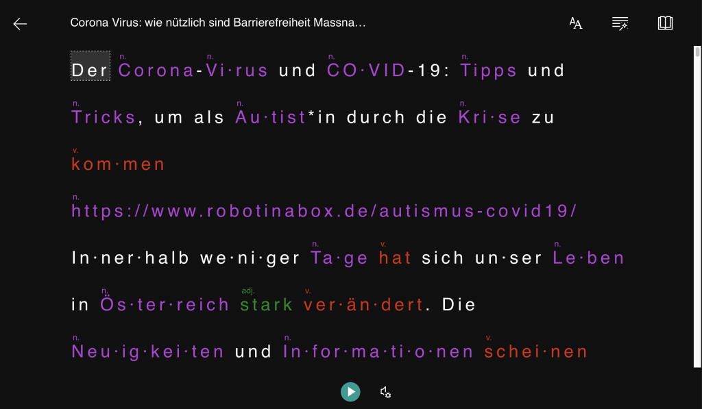 Microsoft oneNote Immersive Reader: Schwarz Hintergrund, Grammatik und Silbentrennungsfunktion sind aktiviert