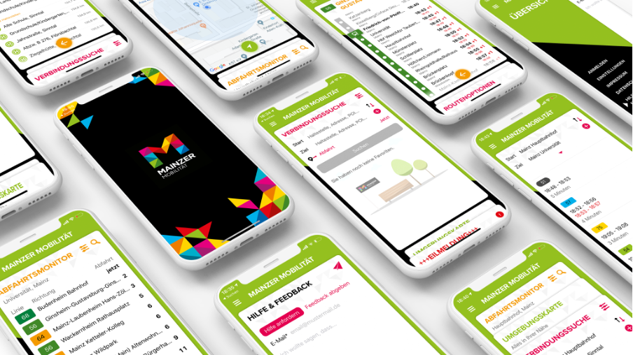 Zehn Smartphones, die die MainzerMobilitäts-App zeigen. Dazu gehört de Startbildschirm, die Verbindungsauskunft, Hilfe & Feedback, der Abfahrtsmonitor und die Umgebungskarte.