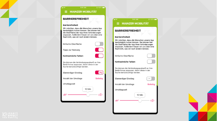 Zwei Screens mit den EInstellungen zur Barrierefreiheit. Auf den einen Screen sind die Schalter für Tipps zur Nutzung, Kontrastreicher Modus, Ebenerdiger Einstieg an, auf dem anderen Screen aus.