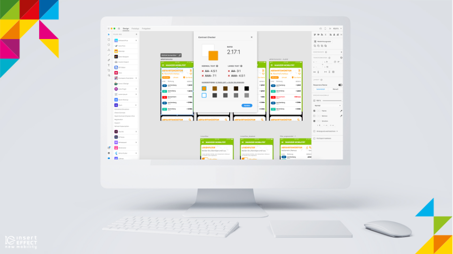 Monitor mit Tastatur und Maus. Auf dem Monitor ist die Software Adobe XD mit dem Stark Plug-in zum Überprüfen des Kontrasts aufgerufen.