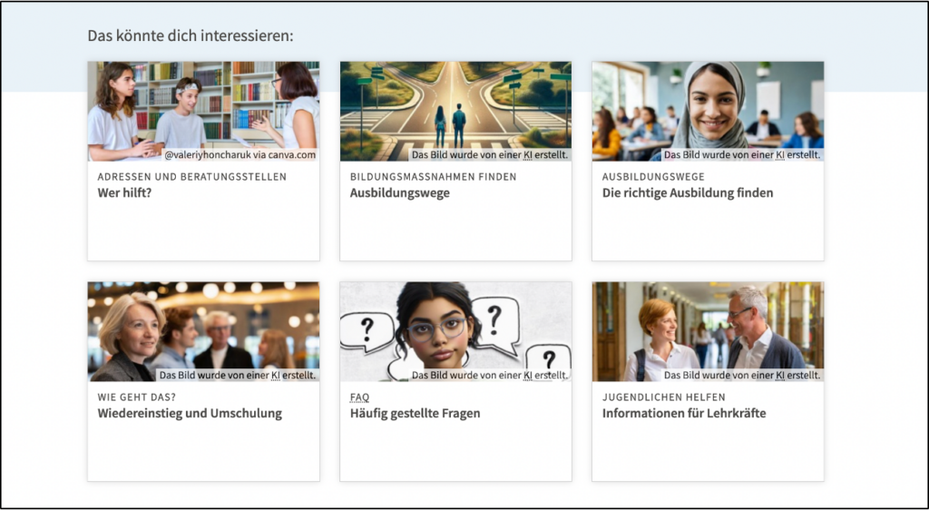Die Startseite von REHADAT-Bildung mit KI-generierten Bildern