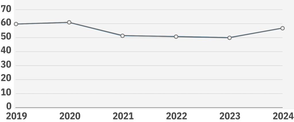 Dieses Diagramm zeigt die durchschnittliche Anzahl erkennbarer Fehler pro Homepage im Zeitverlauf: zwischen 2019 und 2024 liegt der Wert zwischen 50 (2021-2023) und 60 (2019, 2020, 2024) mit wieder steigender Tendenz seit 2023.