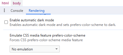 Englische Version der DevTools zeigt Tab Rendering mit der Möglichkeit, zwischen Hell- und Dunkelmodus hin und her zu switchen. (Enable automatic dark mode).